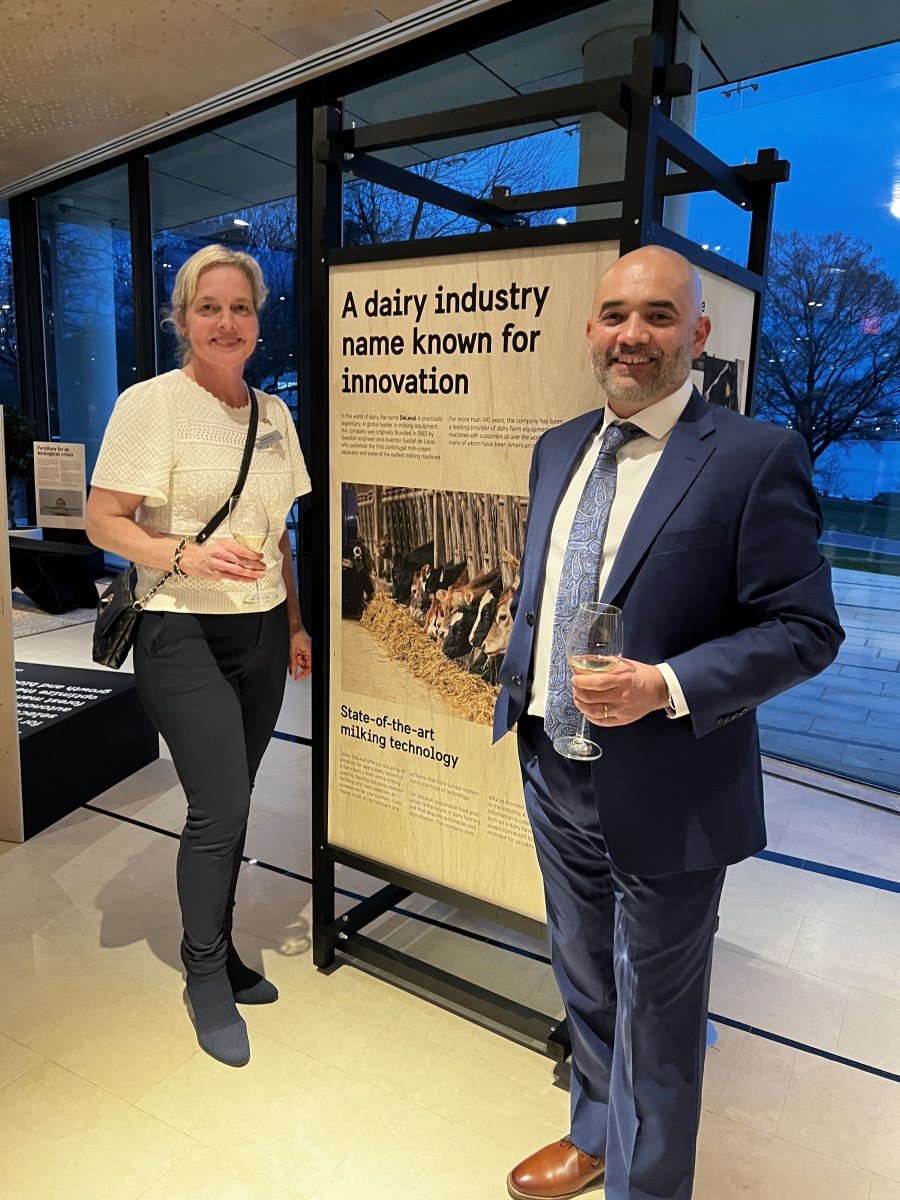 Joaquin Azocar, Farm Systems Solution Manager, DeLaval, and Charlotte Kramer, Commercial Officer, Embassy of Sweden, attend the exhibit opening_LOW.jpg